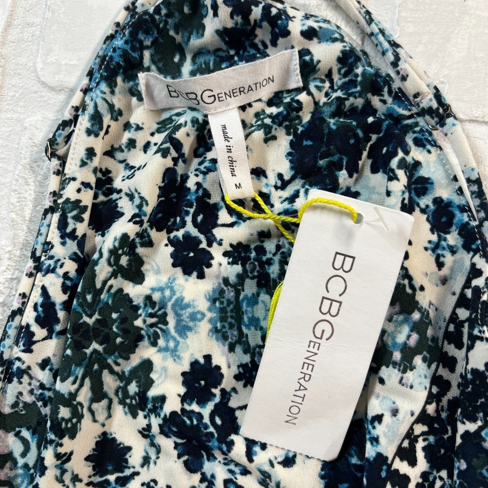 BCBGGeneration Dress Womens Medium Blue Floral Mini Draped Pocket Sleeveless NEW - Picture 14 of 15